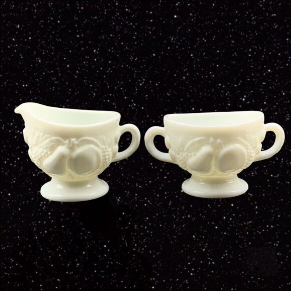 Westmoreland White Milk White Glass Della Robbia Fruits Sugar Bowl & Creamer
